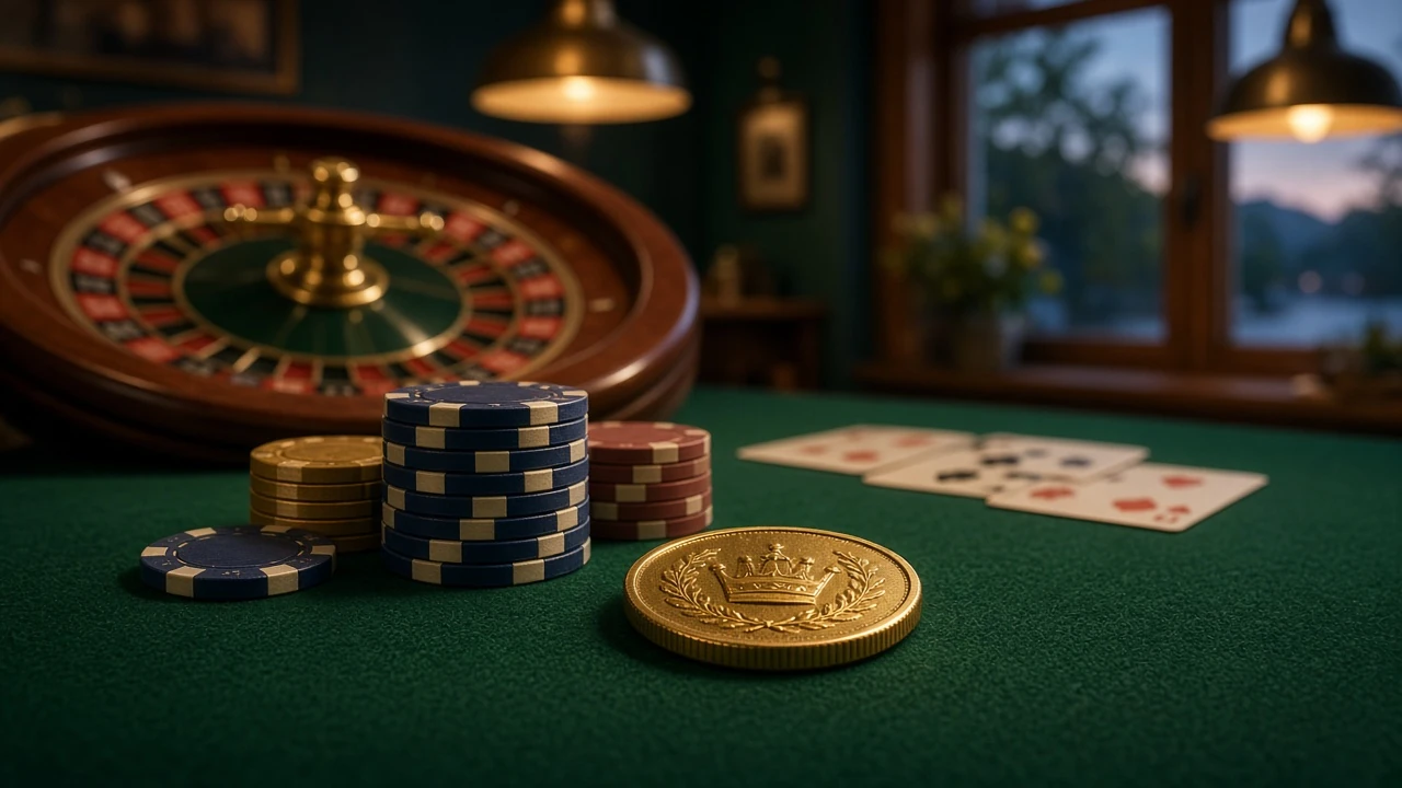 Casinomarker och ett 150-kronors mynt på grönt filtunderlag i skandinavisk casinomiljö