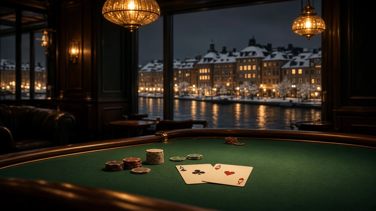 Elegant blackjackbord med utsikt över Stockholms vintervatten i bakgrunden