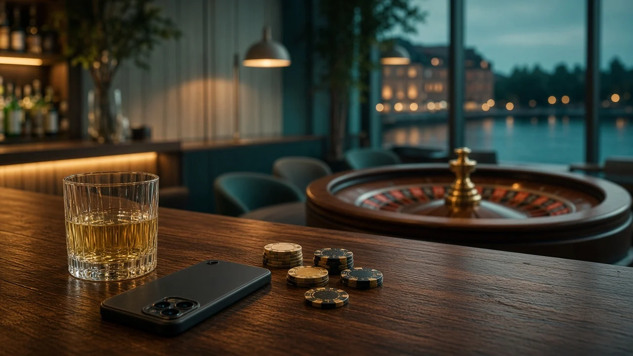 Stilren casinomiljö i Sverige med jetonger, roulette och kvällsbelysning