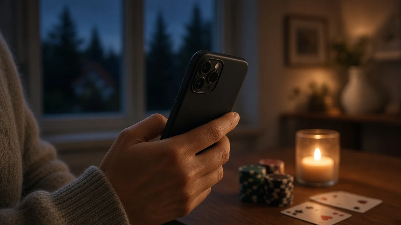 Hand som håller en mobiltelefon med casinokänsla i bakgrunden