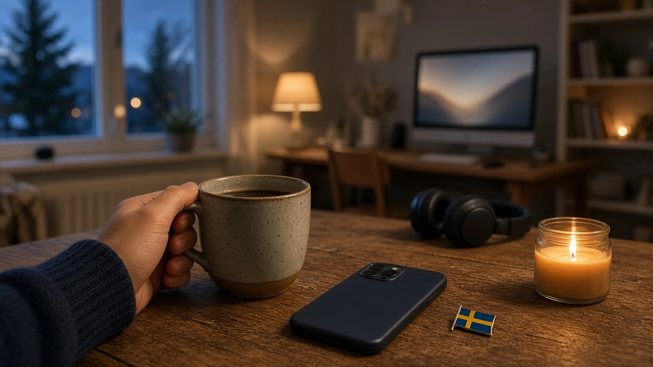 Mysigt vardagsrum i Sverige med telefon och kaffe vid bordet