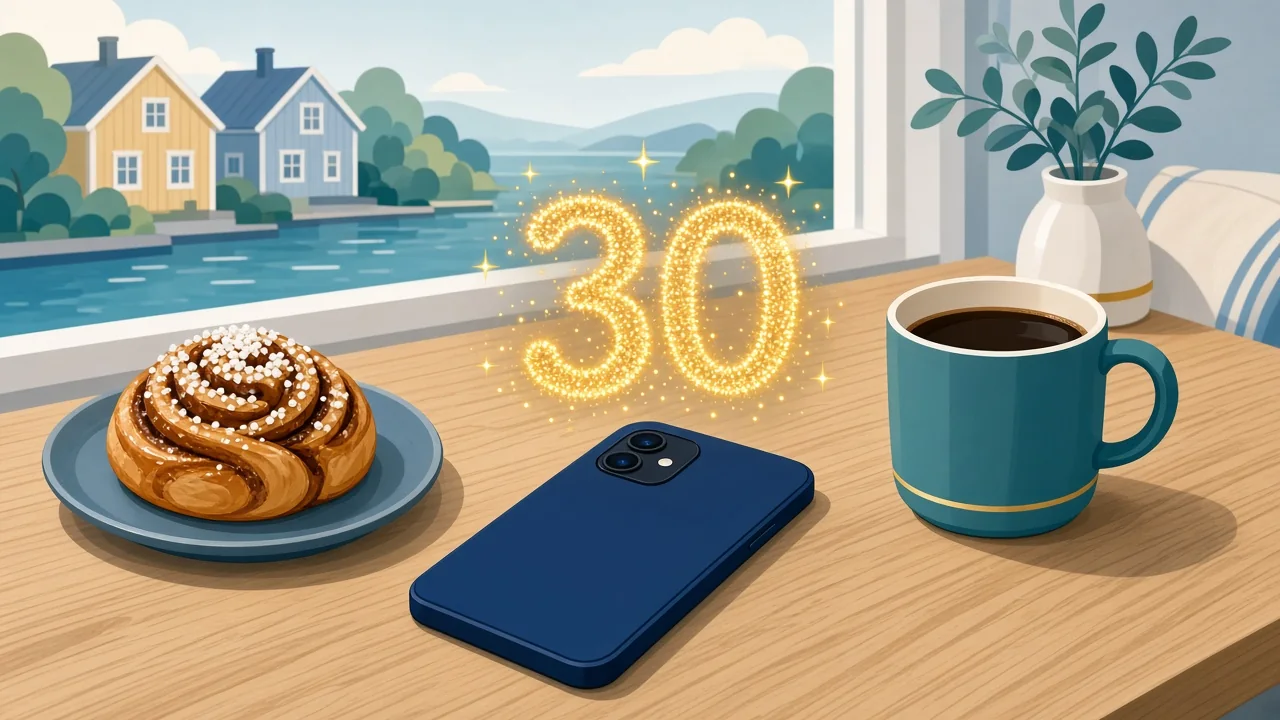 Smarttelefon vid fika med glittrande trettio ovanför, svensk onlinecasino-stil