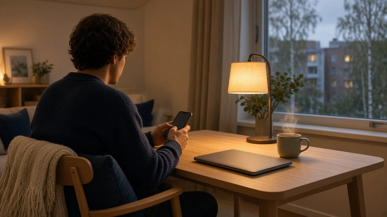 Person vid skrivbord i modern svensk lägenhet med mobiltelefon och laptop
