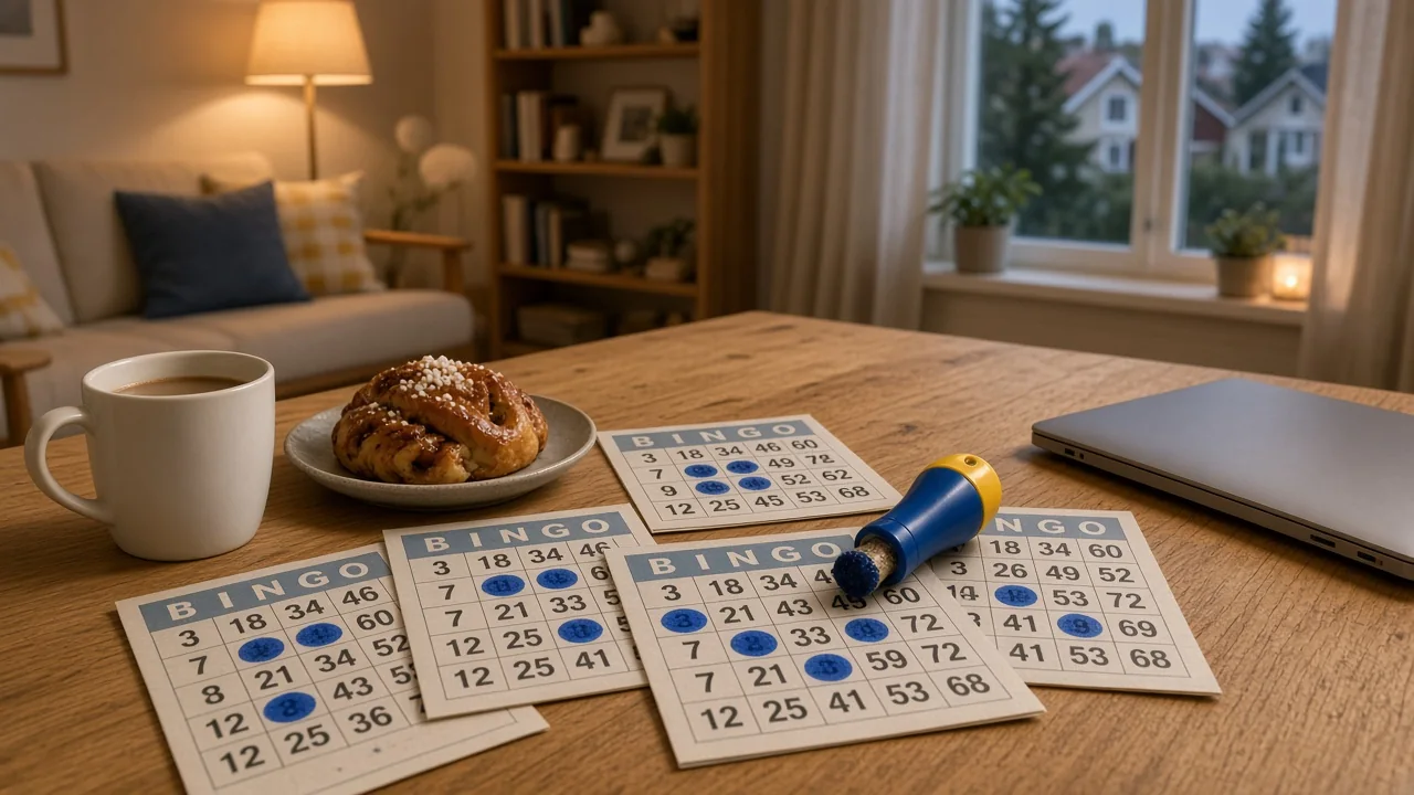 Mysigt svenskt vardagsrum med bingobrickor, dauber och kanelbulle på ett träbord