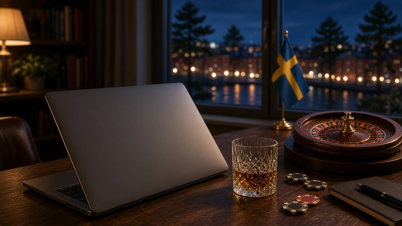 Elegant hemmakontor med laptop och roulettbord, svensk flagga i bakgrunden