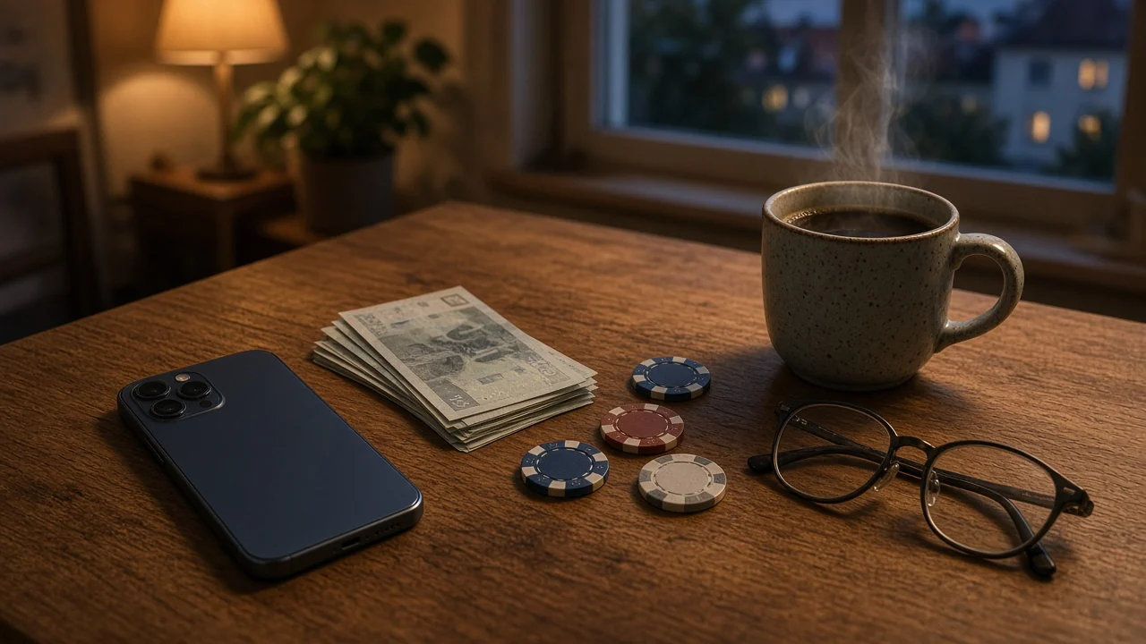 Smarttelefon med svenska sedlar och casinomarker på ett träbord i ett mysigt hem