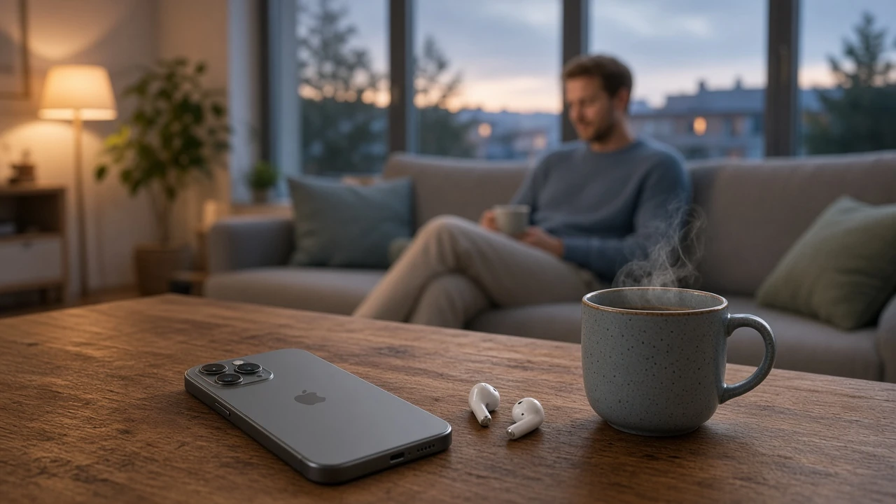 Smartphone och kaffe på bord i modern svensk lägenhet, symboliserar snabba casinouttag