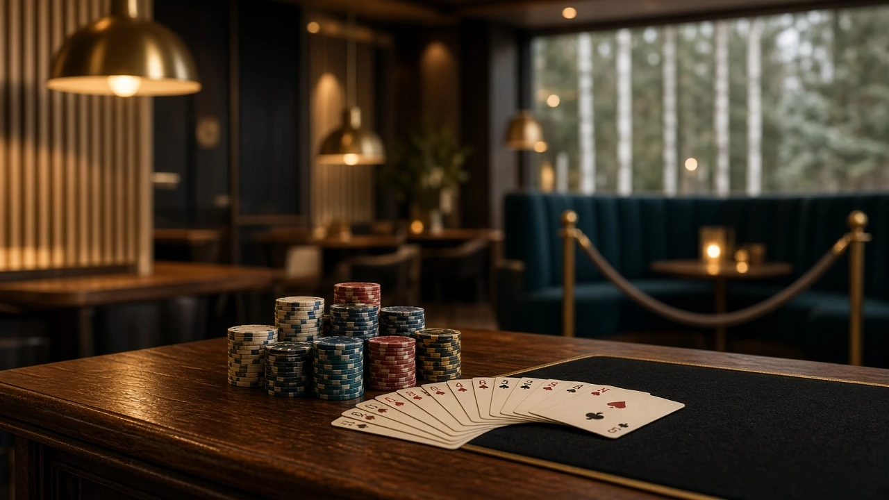 Stilrent casinobord med marker, kort och varm belysning i en svensk spelhall.