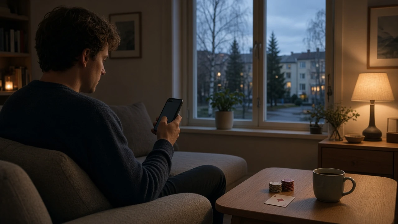 Person i soffa med telefon, casinofickor och kort på bordet