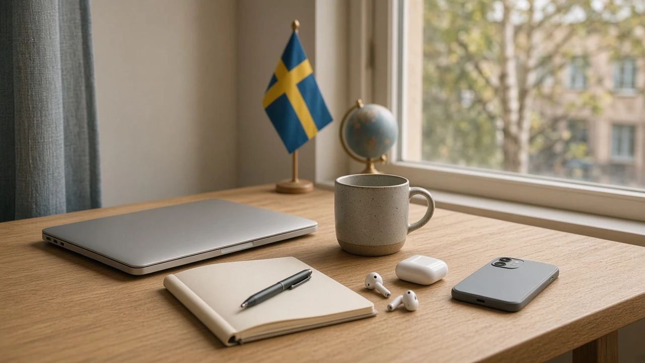 Skandinaviskt skrivbord med stängd bärbar dator, kaffekopp och svensk flagga