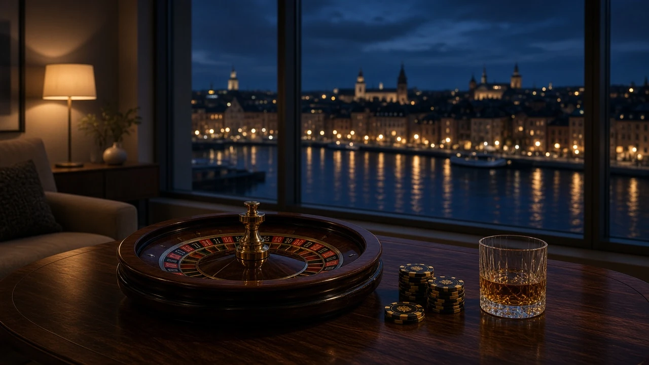 Elegant Stockholm apartment with a roulette wheel and casino chips at night