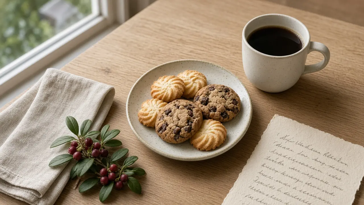 Svenska kakor och kaffe på ett ljust träbord i en mysig fika-stund