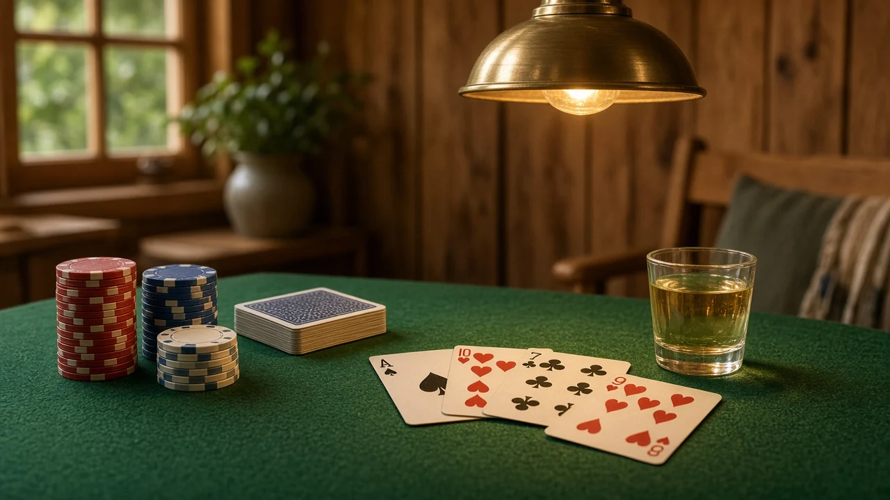 Blackjackbord med marker och kort i varmt belyst svenskt rum med träinredning