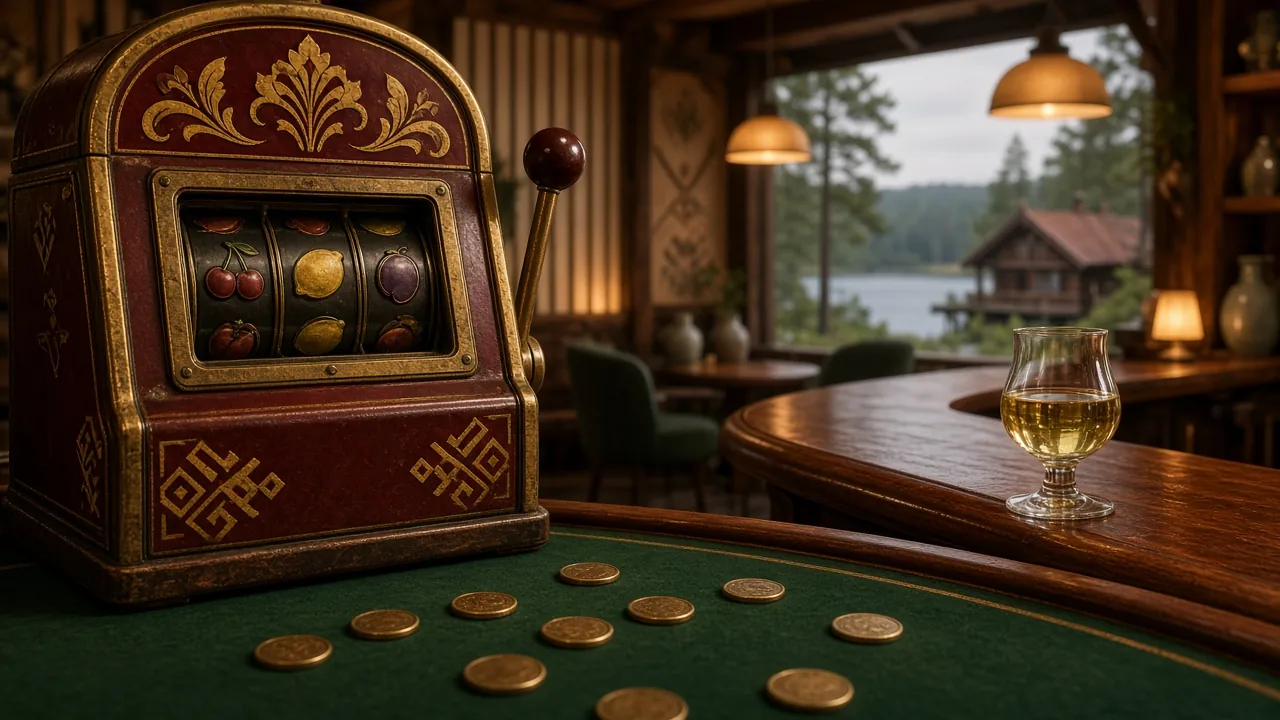 Stiliserad svensk casinomiljö med en klassisk spelautomat bredvid en bardisk
