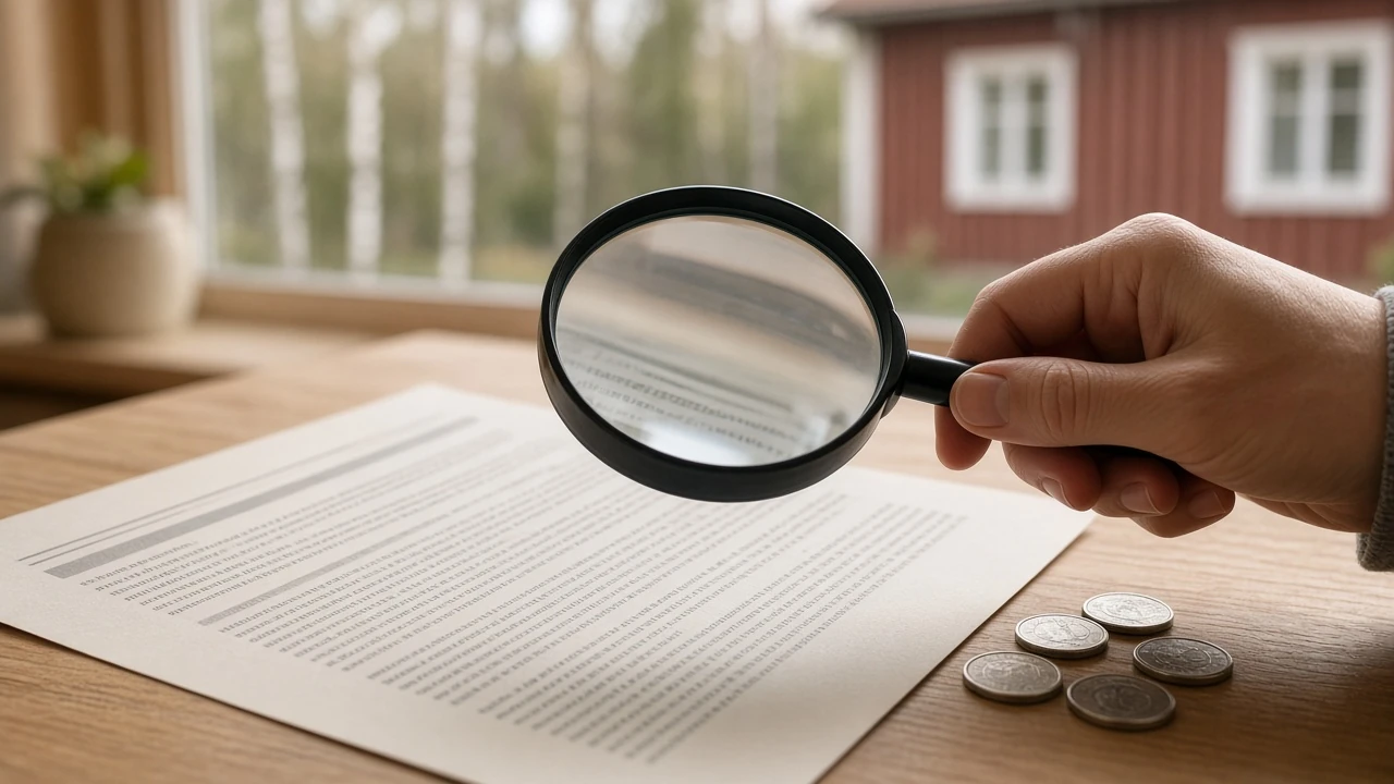 Hand som förstorar liten text i bonusvillkor med mynt bredvid