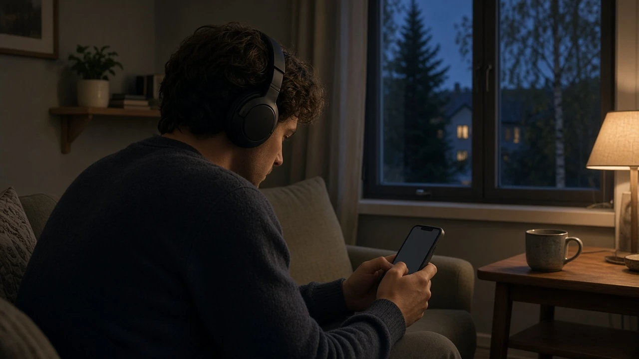 Person med hörlurar och telefon med skärmen bortvänd