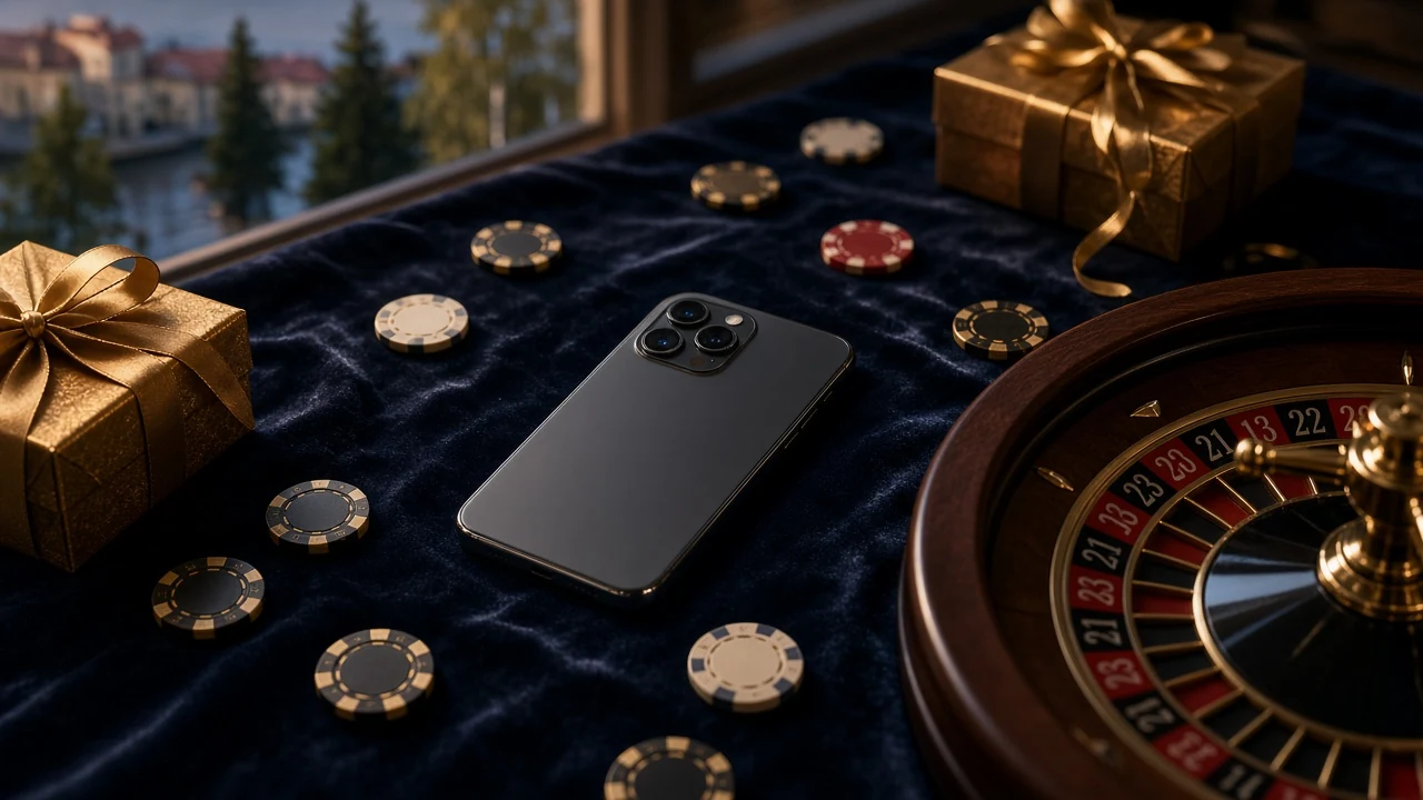 Casinochips, roulette och en presentbox med svensk flagga på ett mörkt bord