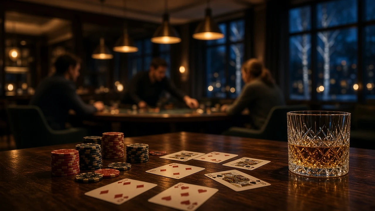 Elegant kasinobord med kort och marker i svensk casinomiljö