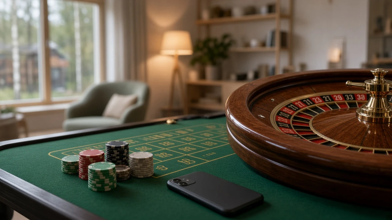 Roulettbord med hjul och marker i ett live casino