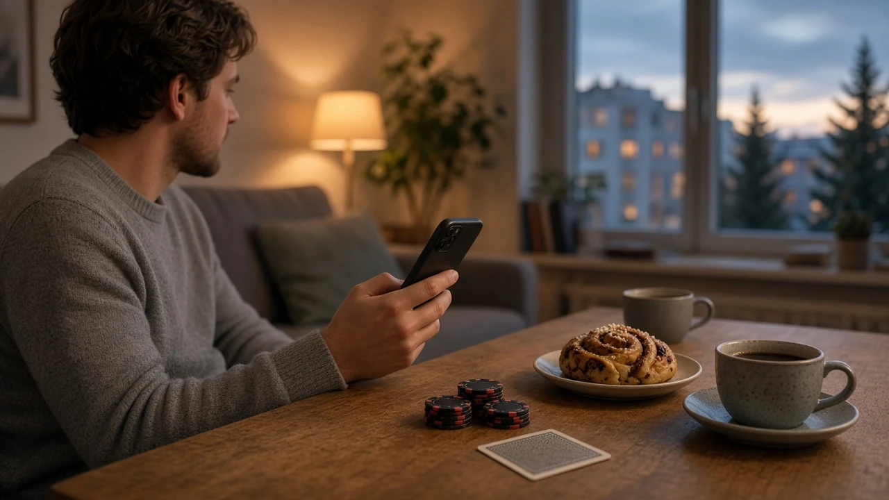 Person med smartphone vid soffbord med casinofigurer och fika