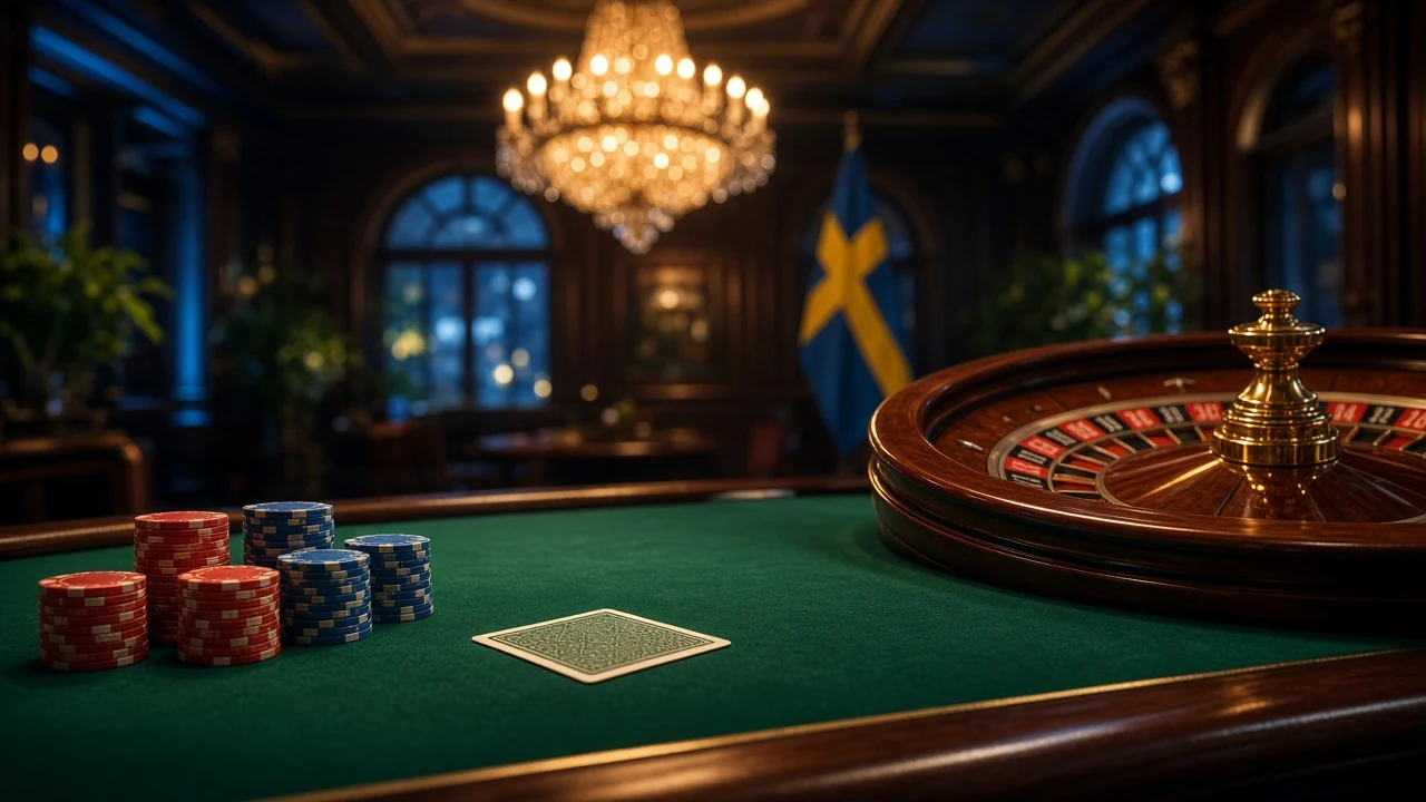 Elegant casinointeriör i Stockholm med roulettebord och marker