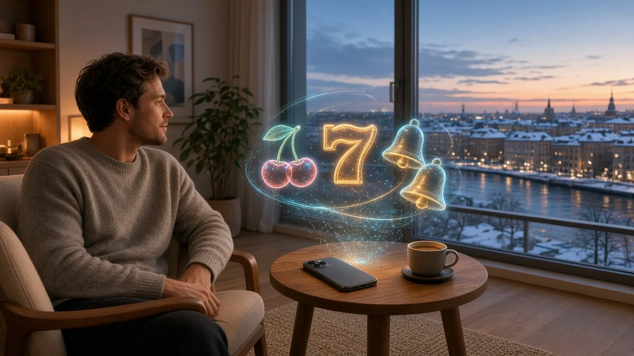 Modern svensk spelupplevelse i lägenhet med holografiska slottssymboler