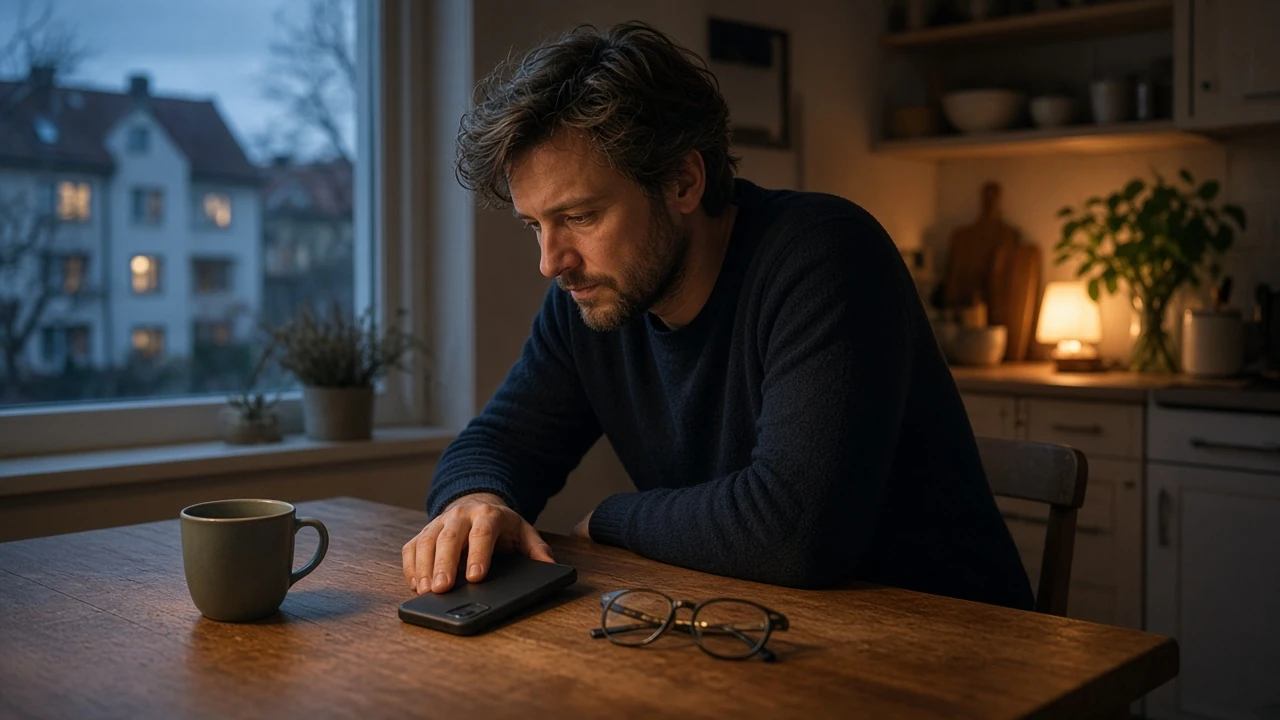 Person som pausar och reflekterar vid köksbordet med telefonen vänd nedåt