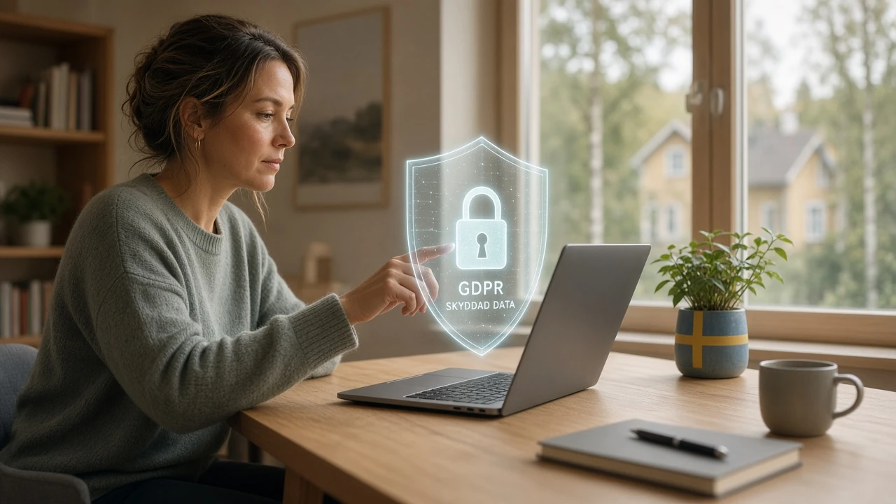 Person som skyddar sina personuppgifter med en digital sköld vid skrivbordet