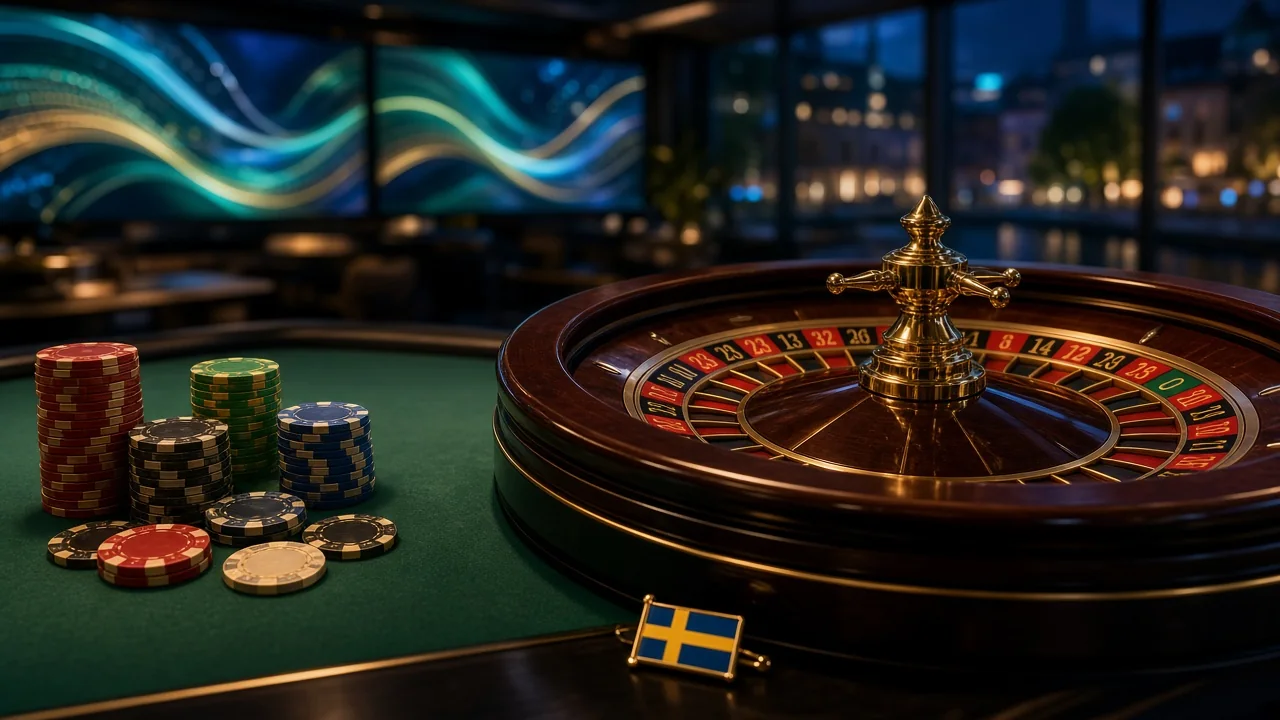 Elegant roulettehjul på grönt filtbord med casinofärger