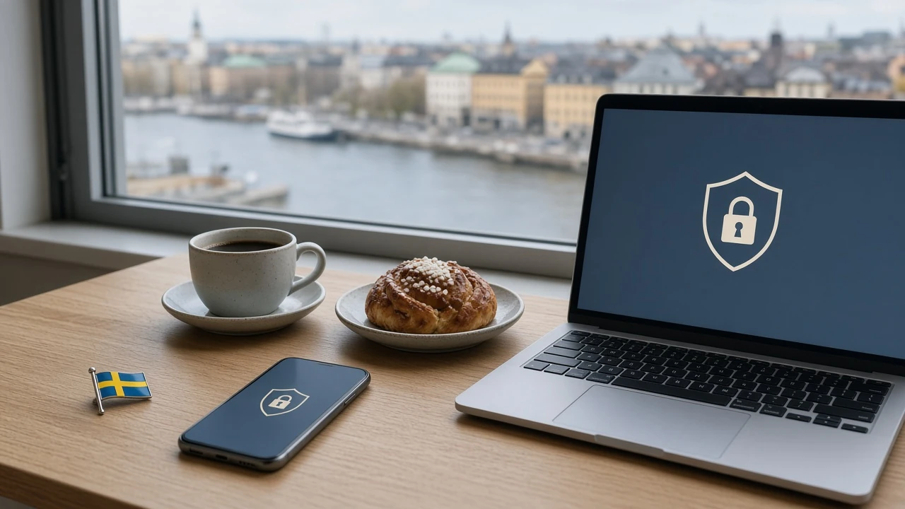 Minimalistiskt skrivbord med telefon, laptop och kanelbulle som symboliserar säkra svenska nätcasinon