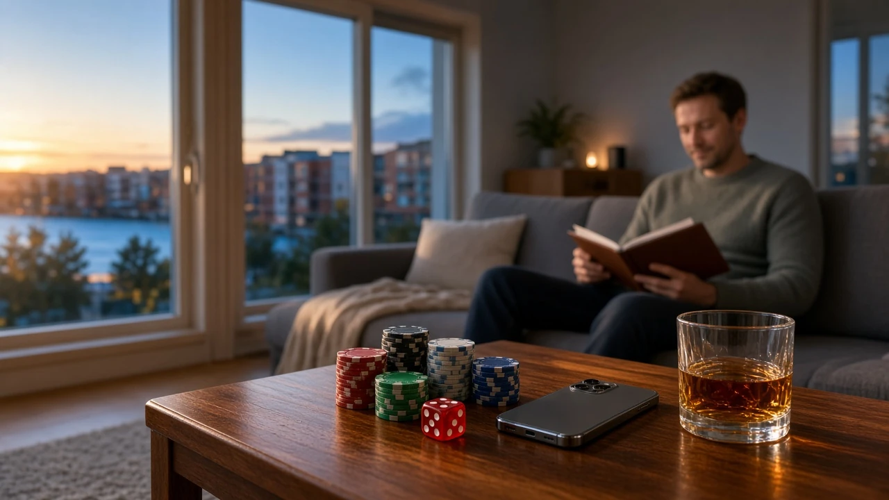 Svensk vardagsrum med casinofigurer och stängd telefon