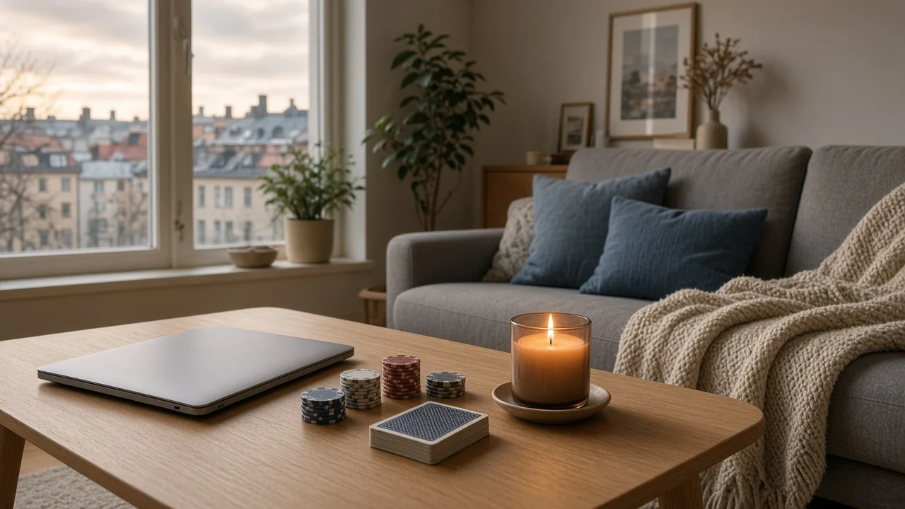 Modernt svenskt vardagsrum med stängd laptop och casinotillbehör på soffbordet