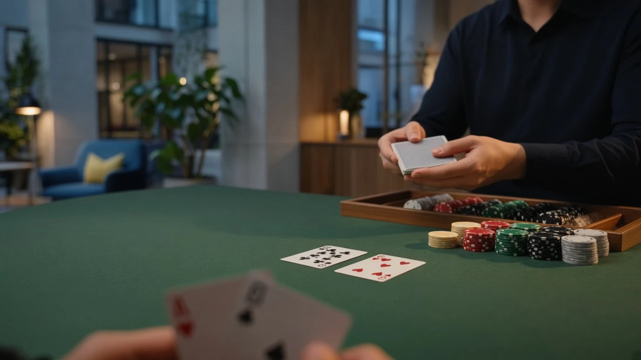 Blackjack-bord med kort och marker på ett svenskt casino