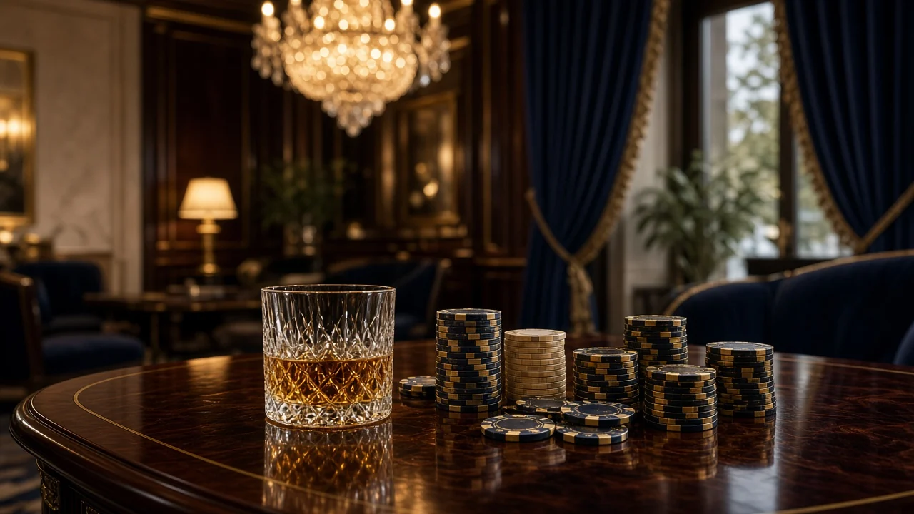Elegant VIP-rum på ett svenskt casino med marker och whiskeyglas