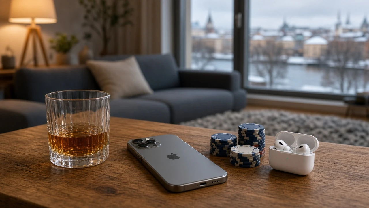 iPhone och pokerfickor på soffbord i modernt svenskt vardagsrum