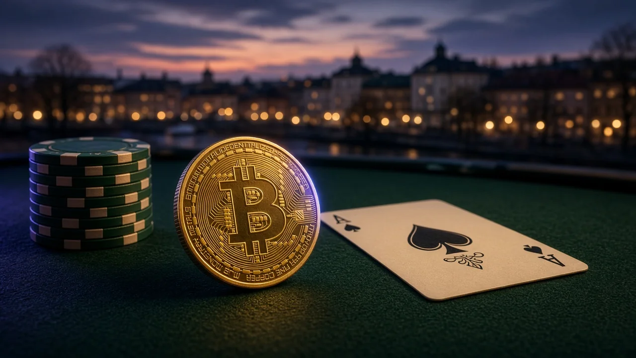 Bitcoin-myint och casinotema med svensk storstad i bakgrunden