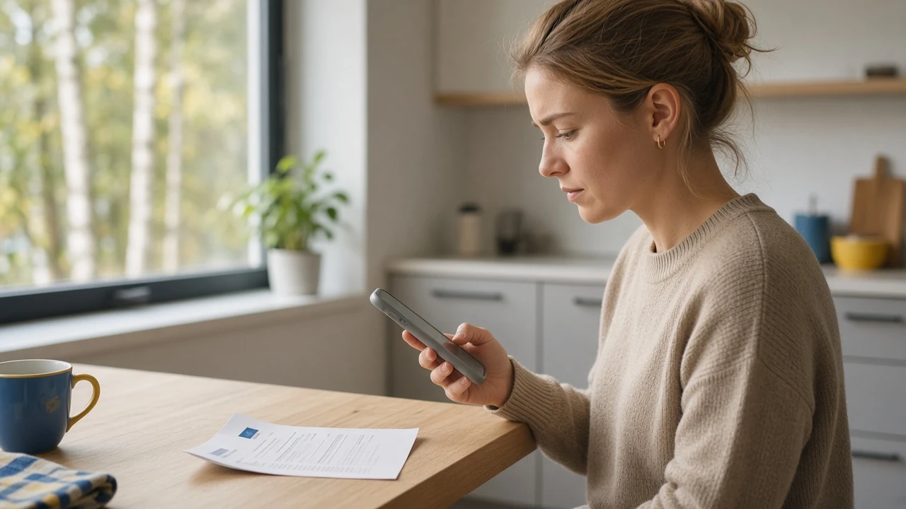 Person med smartphone och telefonräkning i svenskt kök