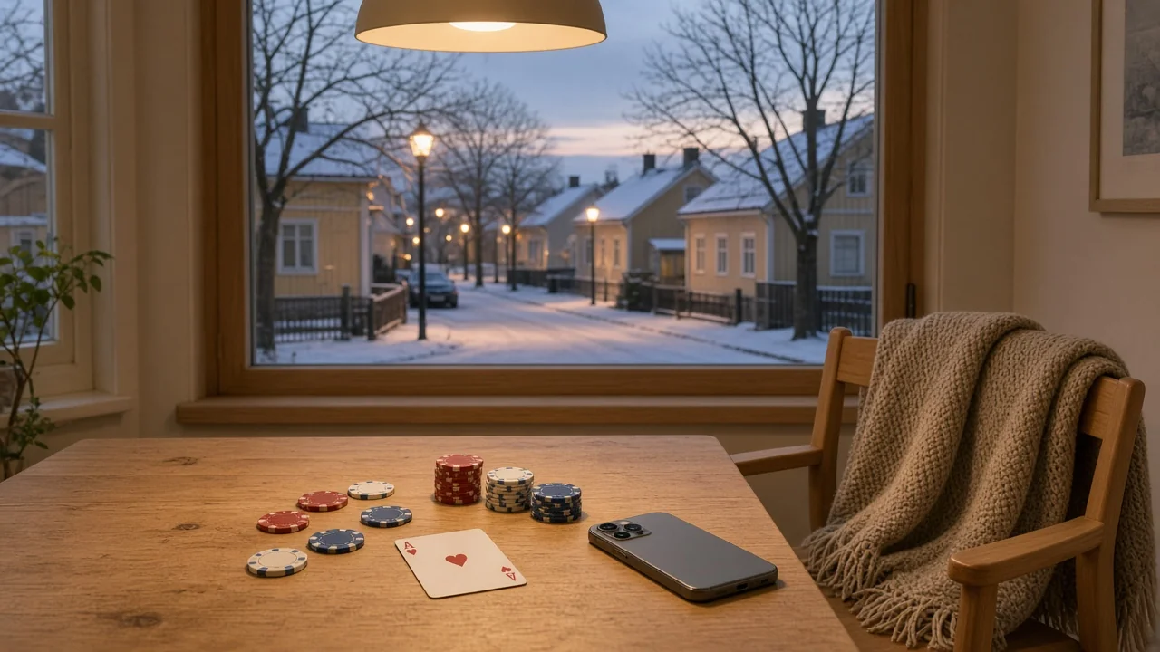 Mysig svensk heminteriär med casinoleksaker och telefon vid fönster med vinterutsikt