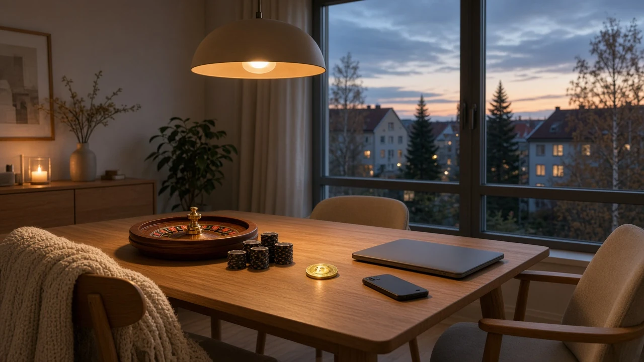 Mysig svensk lägenhet i skymning med casinotillbehör och Dogecoin-symbol
