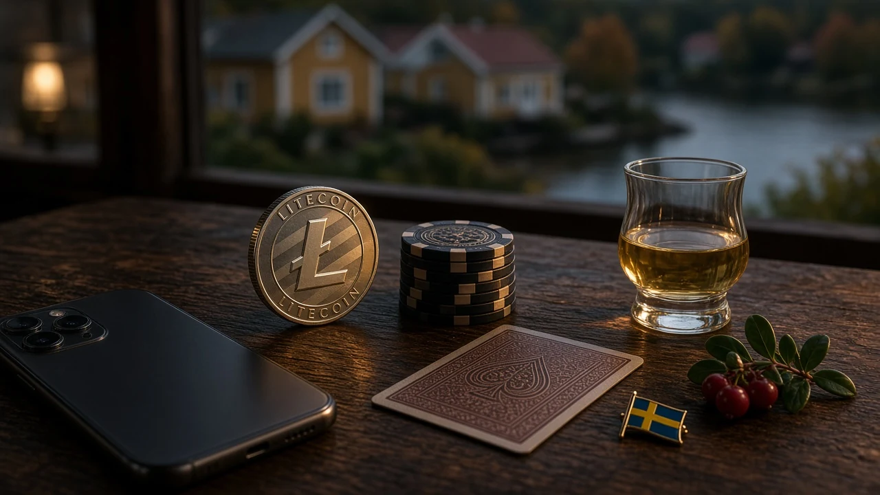Litecoin-mynt, casinotokens och en svensk flagga på ett mörkt bord