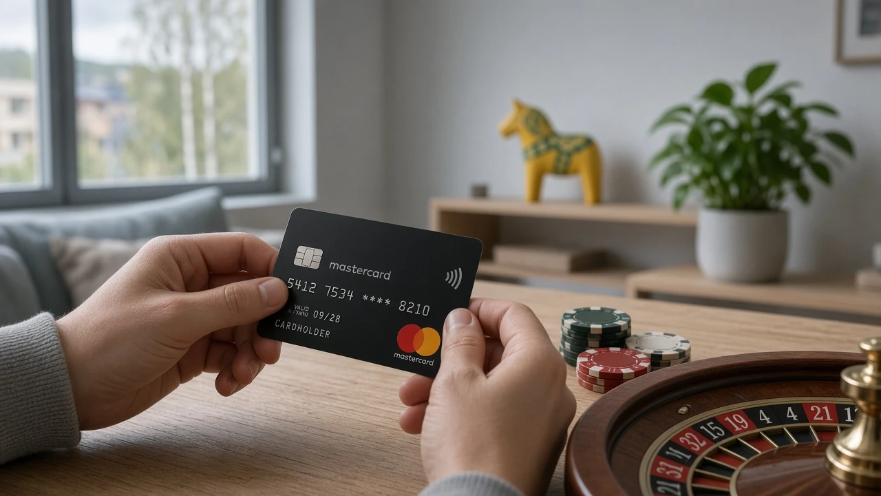 Händer som håller ett Mastercard bredvid casinokolor och roulettehjul i en modern svensk lägenhet