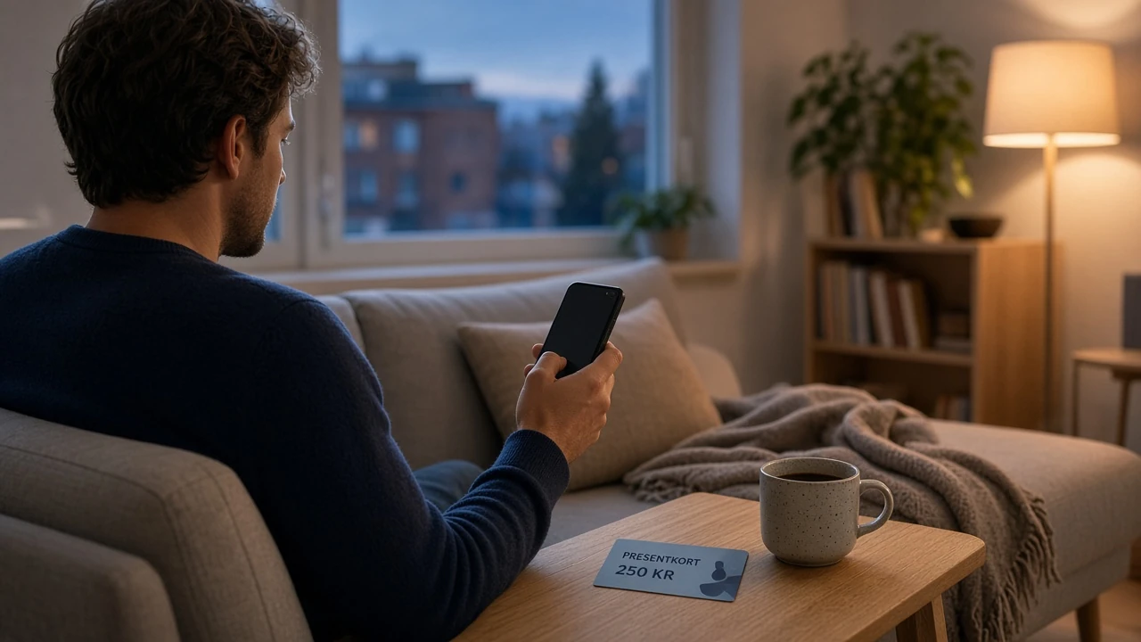 Person i skandinavisk vardagsrum med mobiltelefon och Neosurf-kupong på bordet