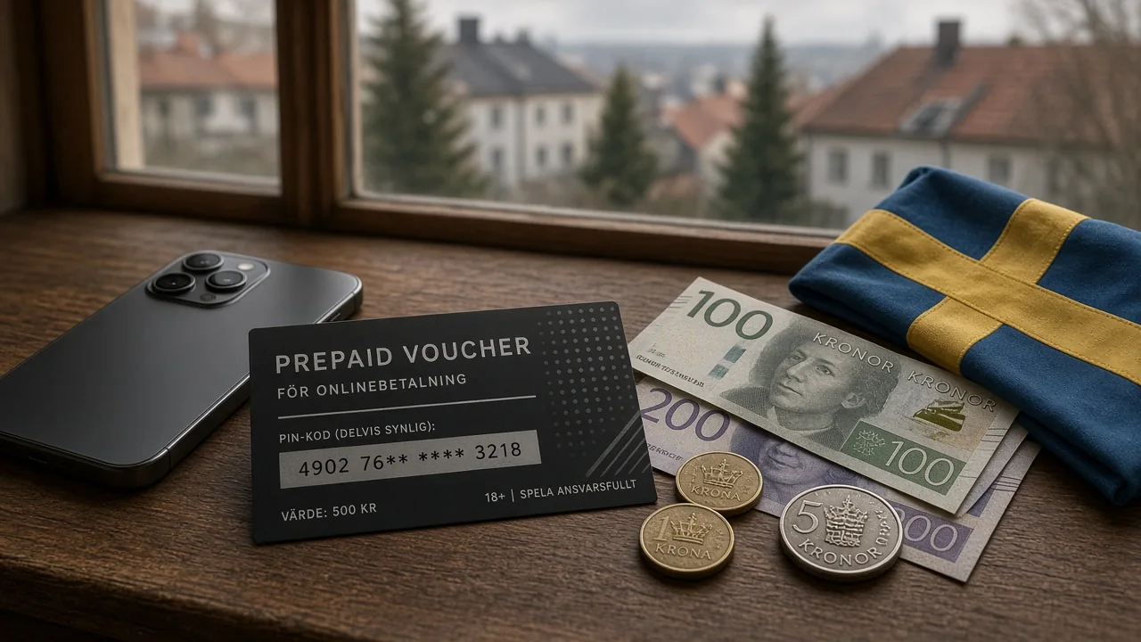Svensk spelrelaterad stillbild med Paysafecard-kupong och svenska kronor på skrivbordet