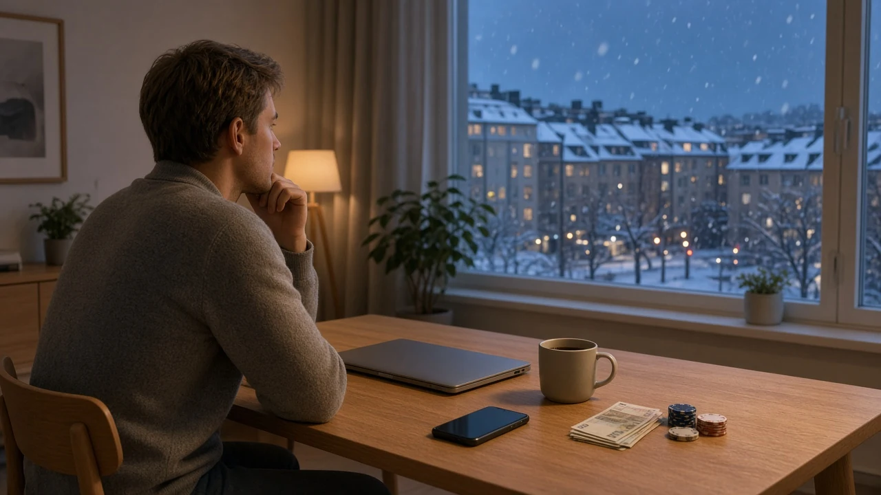 Svensk person vid skrivbord med stängd laptop och kaffekopp