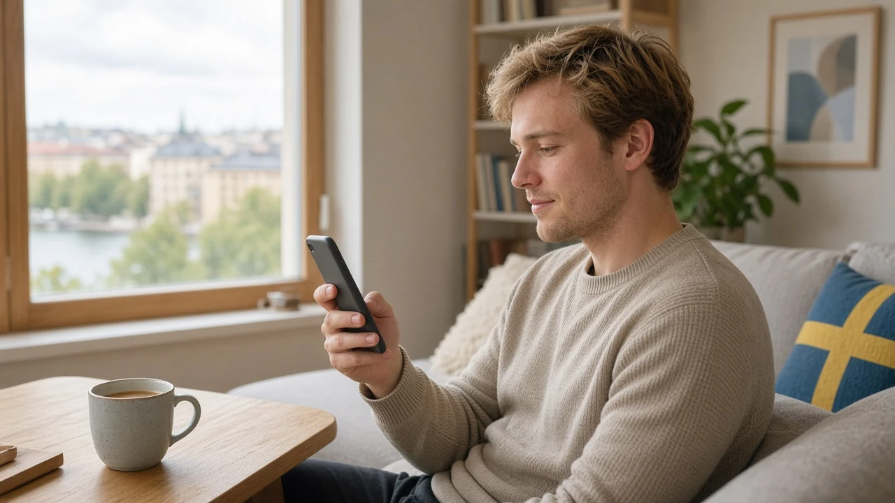 Svensk person med smartphone i modernt skandinaviskt vardagsrum, lugn atmosfär.