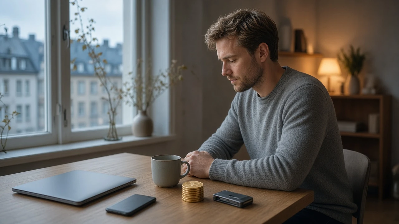 Svensk man vid skrivbord med Tether-krypto och stängd laptop