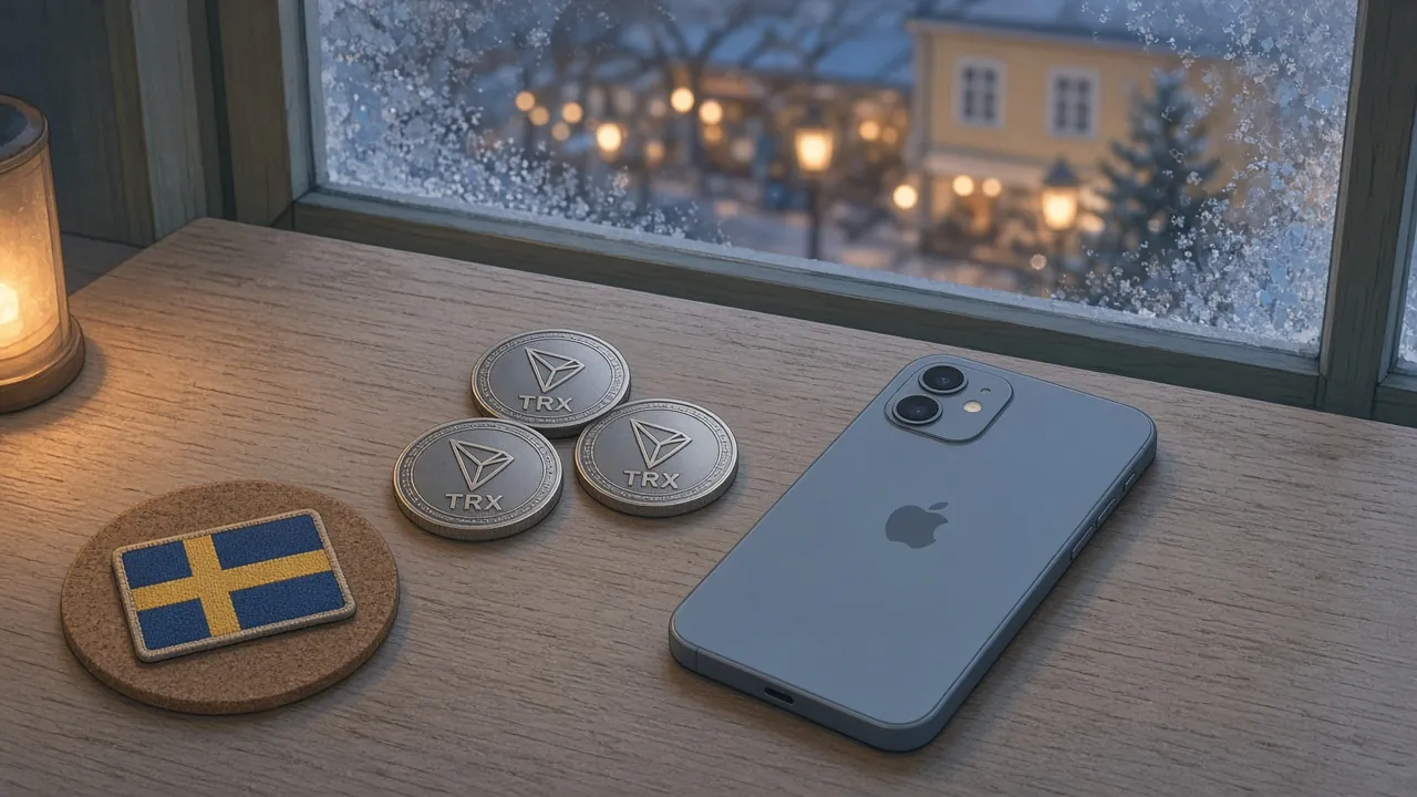 Illustration av TRX-mynt och en mobiltelefon på ett träbord i varmt vinterljus