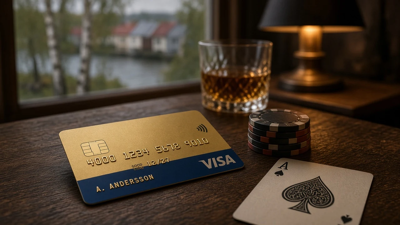 Visa-kort med casinofärgar och ett ess på ett mörkt bord