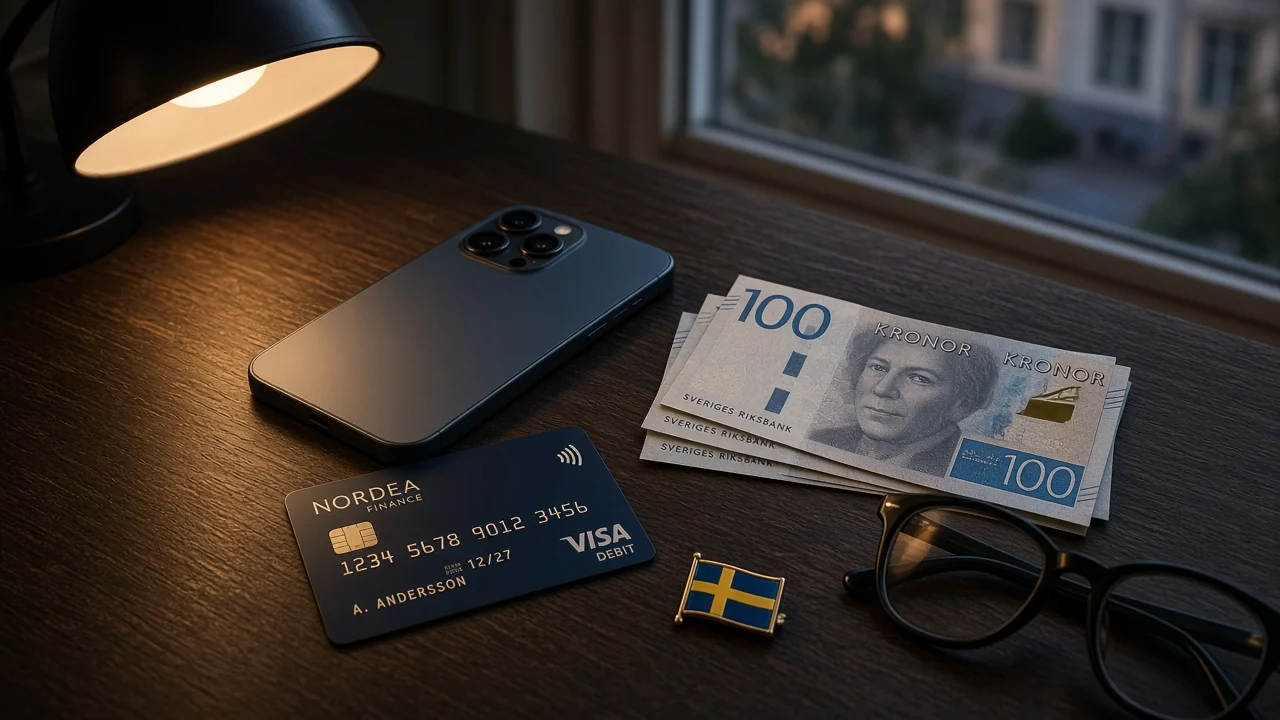 Svensk skrivbord med telefon, bankkort och Zimpler-betalsexempel