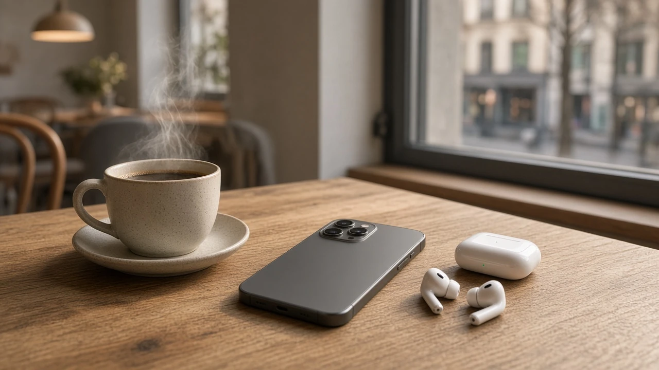 Android-telefon liggande på ett kafébord bredvid en kopp kaffe i Stockholm